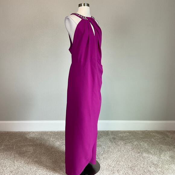 Fuchsia Pink Beaded Halter Evening Gown Size 6 SLNY Sleeveless Cut Out Dress - Picture 2 of 11
